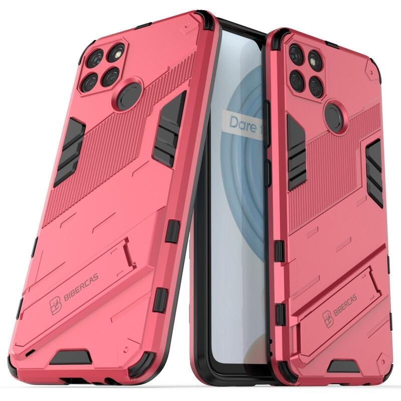 Ütésálló hibrid borítás felhajtható állvánnyal a Realme C21Y/C25Y készülékhez - rózsaszínű