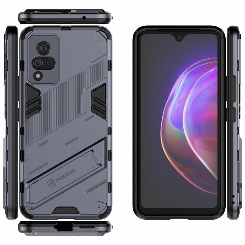 Ütésálló hibrid borítás felhajtható állvánnyal Vivo V21 4G/5G készülékhez - sötétkék