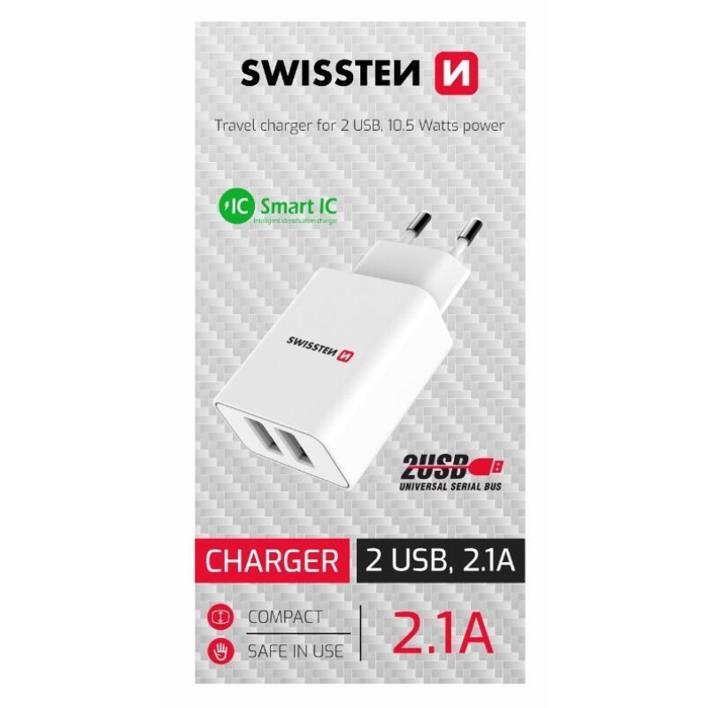 Swissten SMART IC hálózati adapter 2x USB 2.1A - fehér