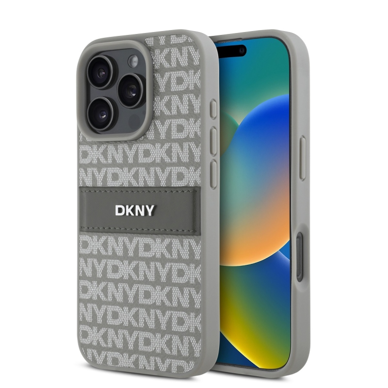DKNY PU bőr ismétlődő mintás tonális csíkos hátlap iPhone 16 Pro Max bézs színű borítóhoz