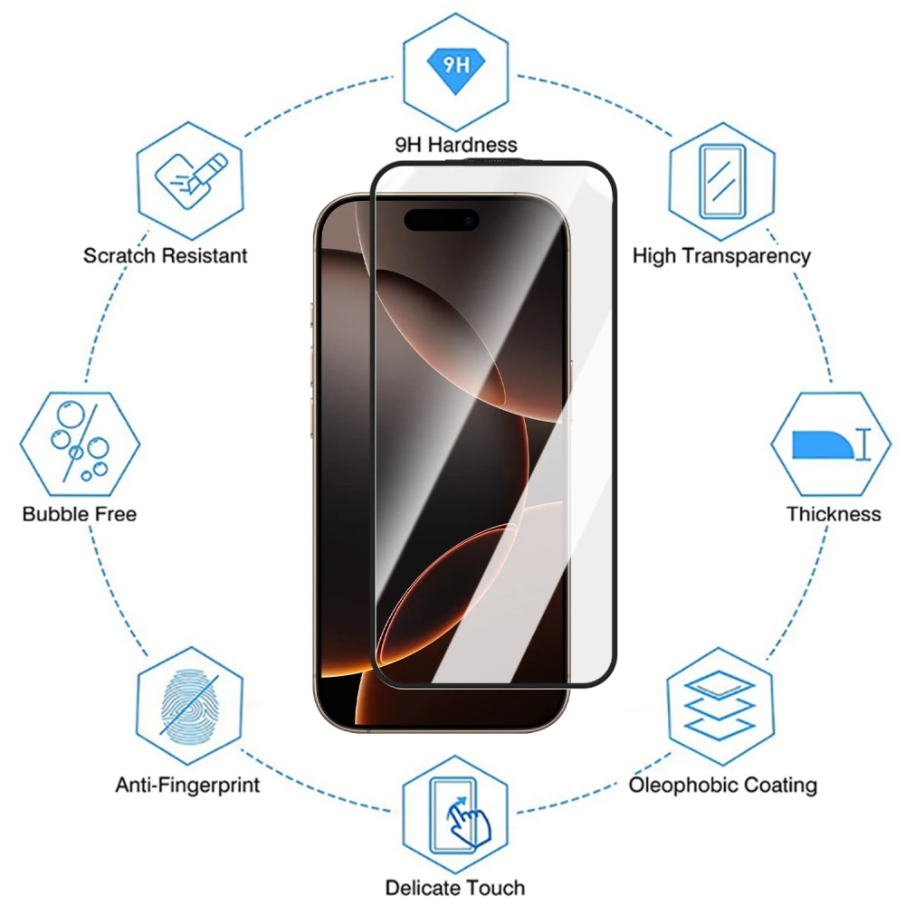 Silk teljes felületű edzett üveg az iPhone 18 Pro/17 Pro mobiltelefonhoz, felhelyező kerettel