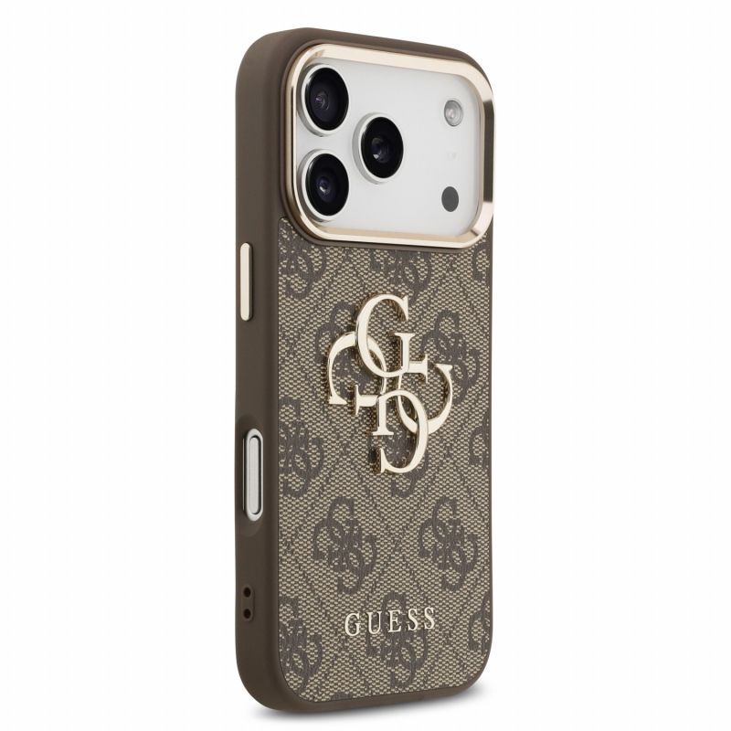 Guess PU 4G fém logós pántos hátlap az iPhone 18 Pro-hoz, barna