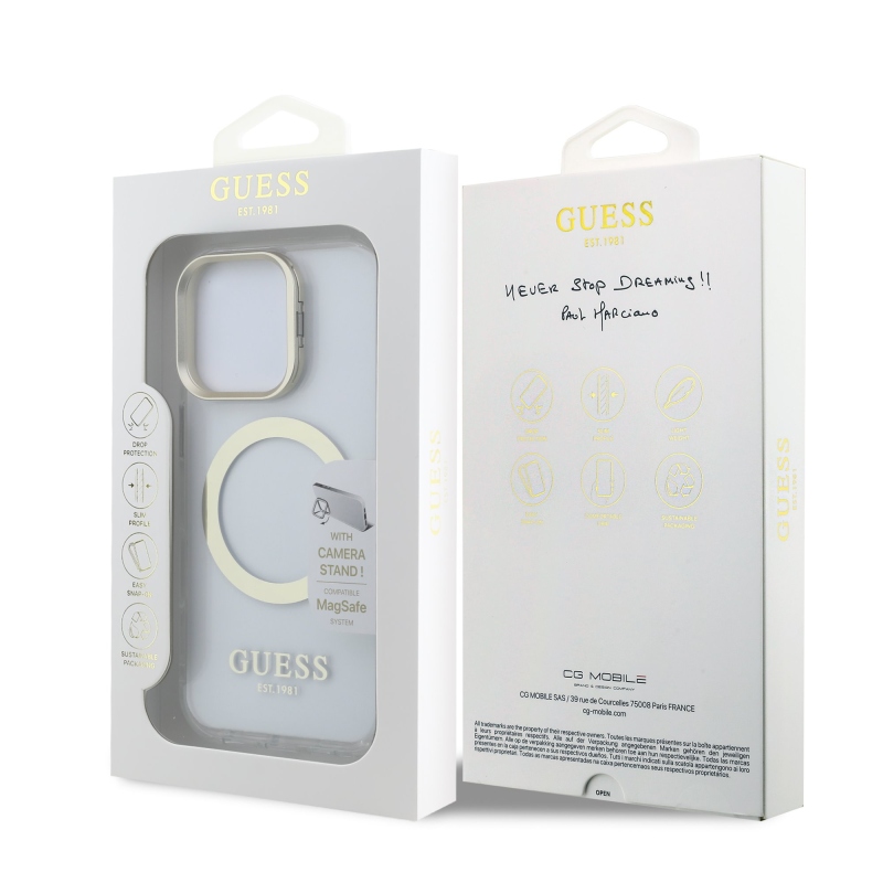 Guess IML Gold Outline Stand Kamera keret MagSafe hátlapi borító iPhone 16 Pro átlátszóhoz