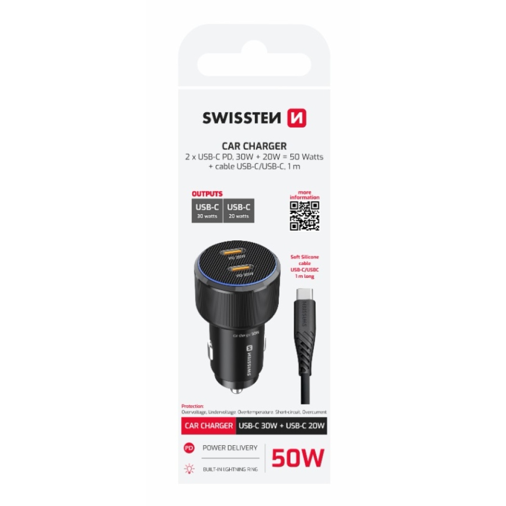 Swissten CL adapter 2x USB-C PD, 50W - fekete + USB-C / USB-C kábel, 1m