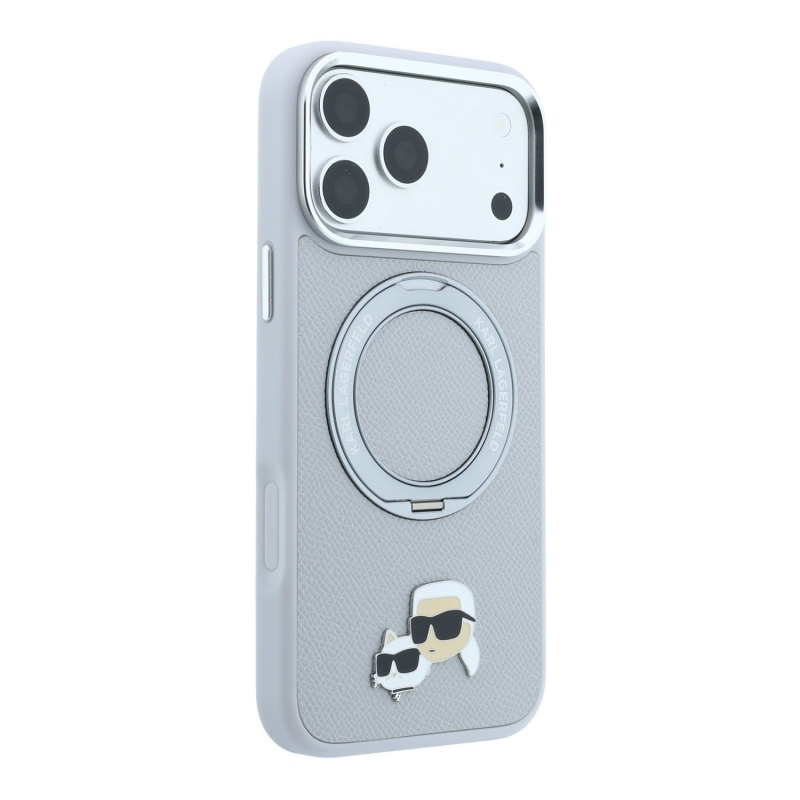 Karl Lagerfeld PU Grained K&CH Heads Ring Stand Magsafe hátsó tok iPhone 18 Pro-hoz, szürke