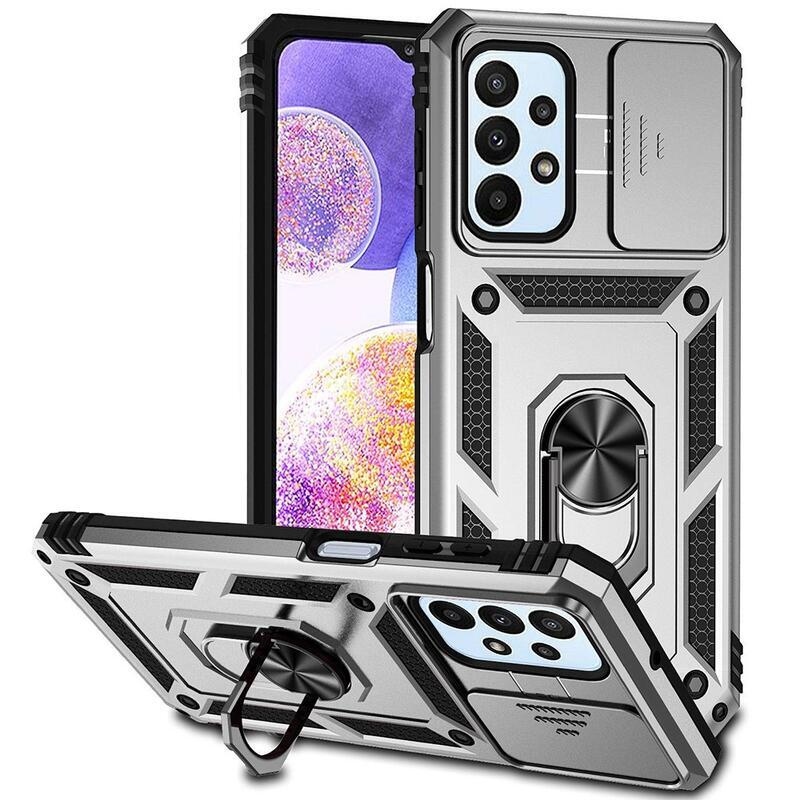 Csúsztatható, tartós hibrid borítás ujjbeggyel a Samsung Galaxy A23 4G/5G készülékre - ezüst színben