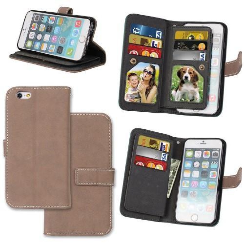 Réses PU bőr könyvtáska rekeszekkel iPhone 6 Plus és 6s Plus készülékhez - bézs színű
