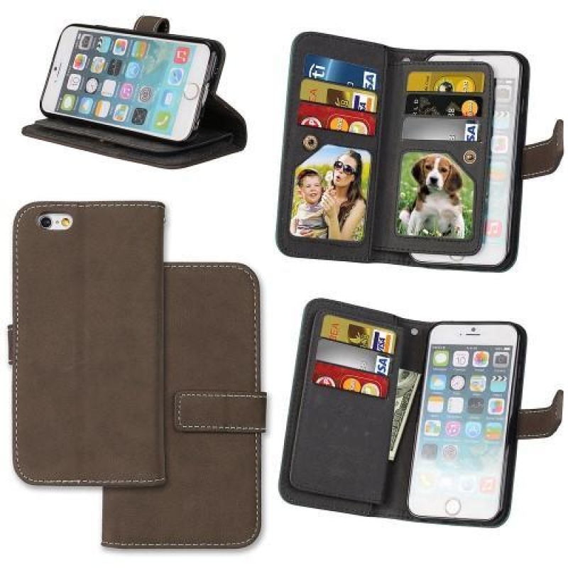 Réses PU bőr könyvtáska rekeszekkel iPhone 6 Plus és 6s Plus készülékhez - barna színben