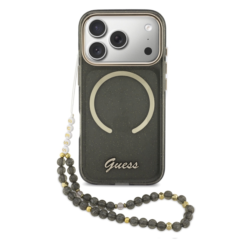 Guess IML Glitter Script Strap MagSafe hátlapi borító iPhone 17 Pro Fekete