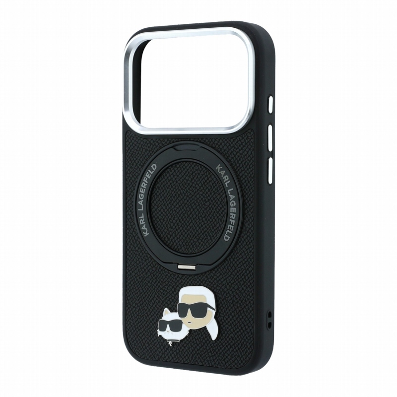 Karl Lagerfeld PU Grained K&CH Heads Ring Stand Magsafe hátsó tok iPhone 18 Pro Max-hoz, fekete
