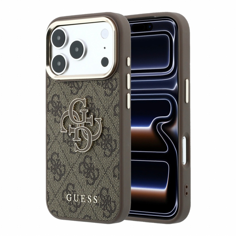 Guess PU 4G műgyanta-fém logós hátsó burkolat iPhone 18 Pro-hoz, barna