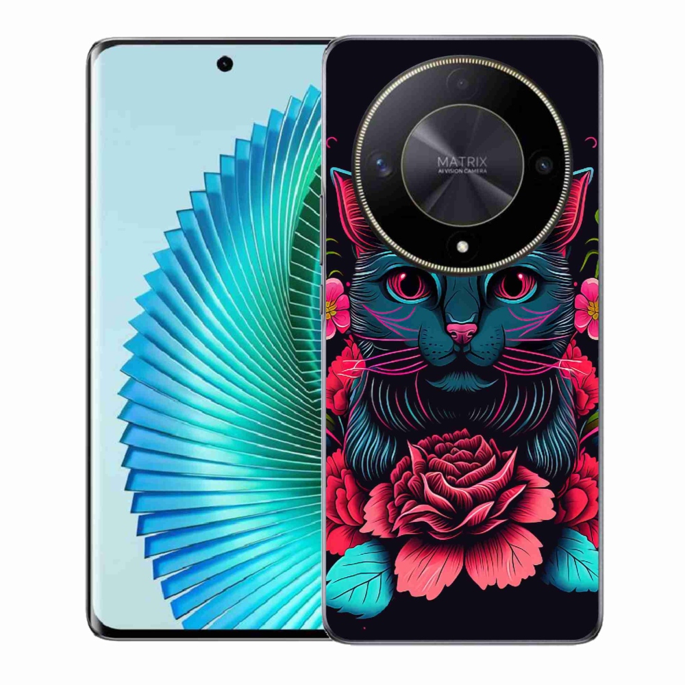Gél borító mmCase a Honor Magic 6 Lite 5G számára - virágok és macska