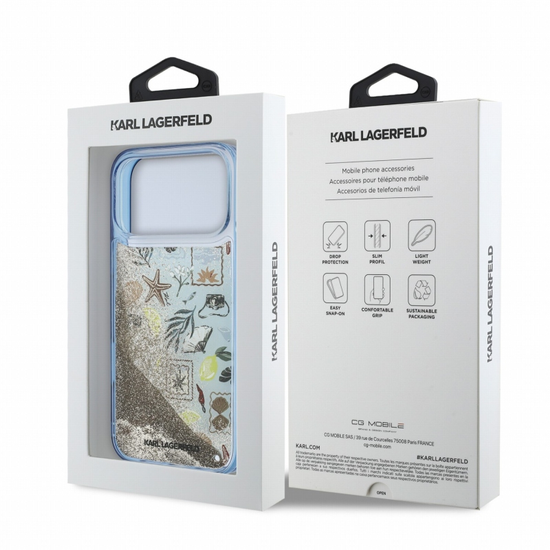Karl Lagerfeld Liquid Glitter Beach hátsó tok iPhone 18 Pro Max-hoz, kék