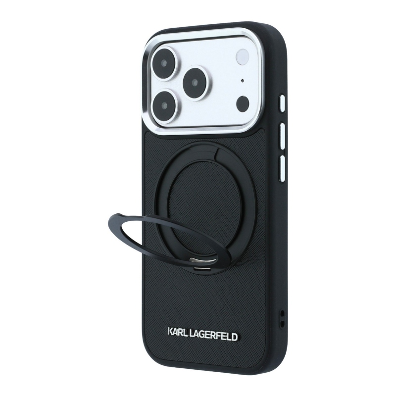 Karl Lagerfeld PU Saffiano gyűrűs állványos MagSafe hátsó tok iPhone 18 Pro Max-hoz, fekete