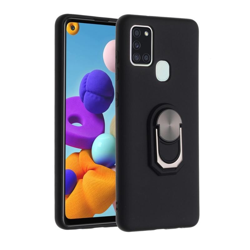 Puha szilikon tok ujjgyűrűvel Samsung Galaxy A21s készülékhez - fekete