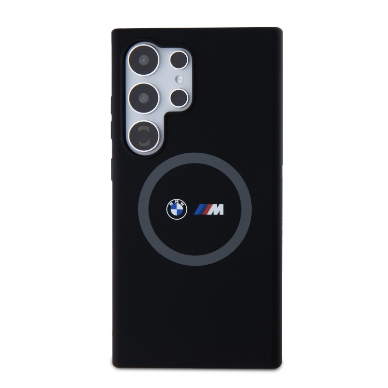 BMW M nyomtatott kerek és logó Magsafe szilikon borító Samsung Galaxy S24 Ultra fekete