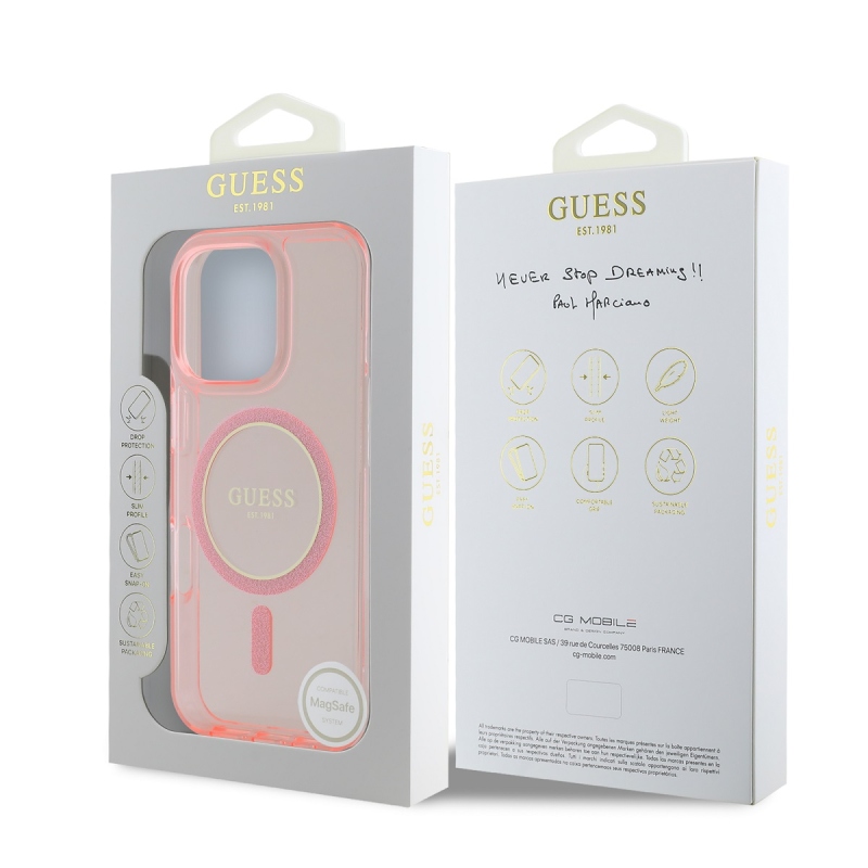 Guess IML Glitter Ring MagSafe hátlap iPhone 16 Pro rózsaszínű iPhone 16 Pro készülékhez