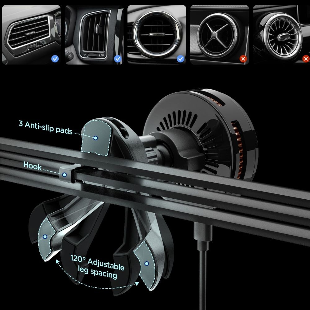 Spigen EV25MFAQ szellőzőtartó MagSafe Qi2 25W vezeték nélküli töltéssel - Fekete