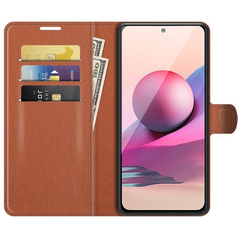 Osztott PU bőr pénztárca tok Xiaomi Redmi Note 10 4G/Redmi Note 10S/Poco M5s - barna