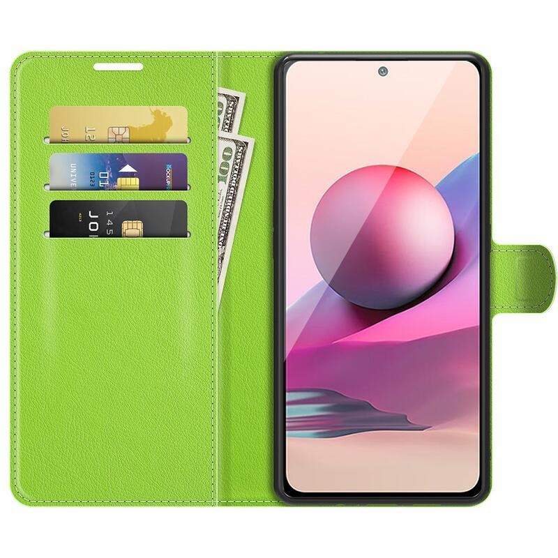 Osztott PU bőr pénztárca tok Xiaomi Redmi Note 10 4G/Redmi Note 10S/Poco M5s - zöld