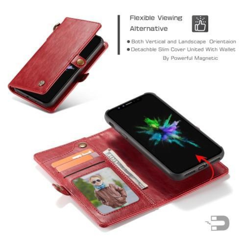 Hasított PU bőr tok levehető iPhone X tartóval - piros
