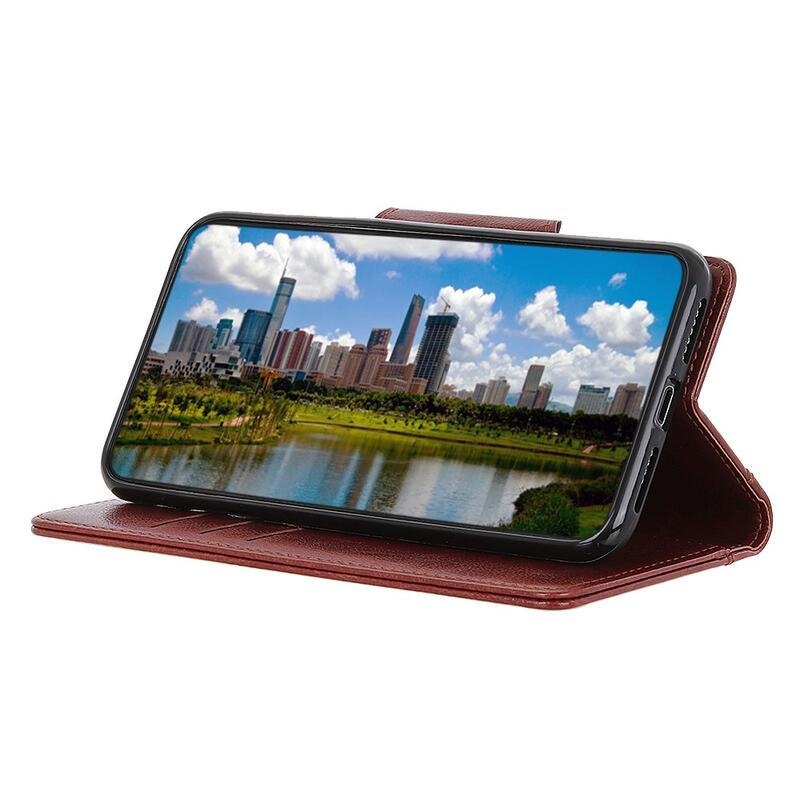 Állvány PU bőr pénztárca tok Samsung Galaxy A72 5G-hez - barna