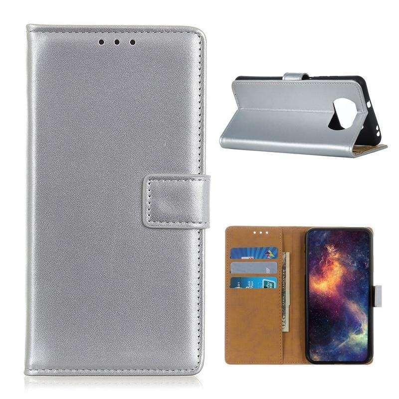 Állvány PU bőr pénztárca tok Xiaomi Poco X3/X3 Pro - ezüst