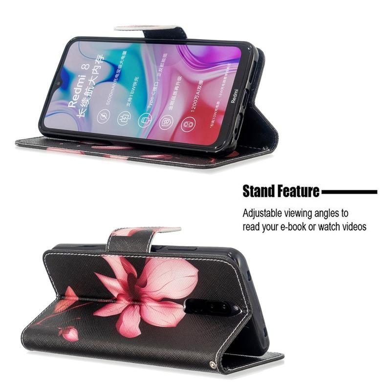 Állvány PU bőr pénztárca tok Xiaomi Redmi 8-hoz - rózsaszín virág