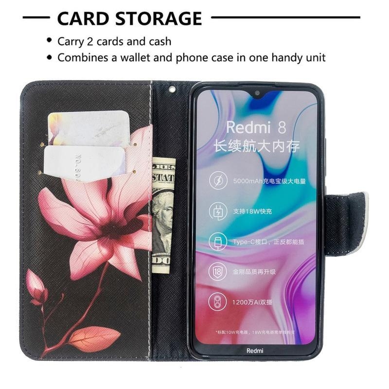 Állvány PU bőr pénztárca tok Xiaomi Redmi 8-hoz - rózsaszín virág