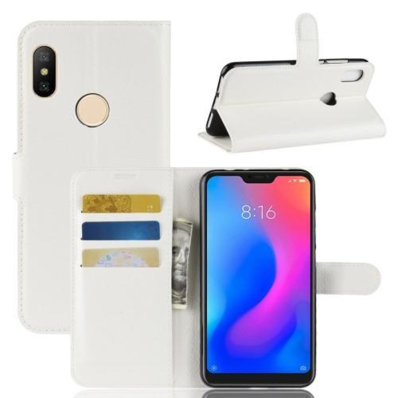 Állvány PU bőr pénztárca tok Xiaomi Redmi Note 6 Pro - fehér