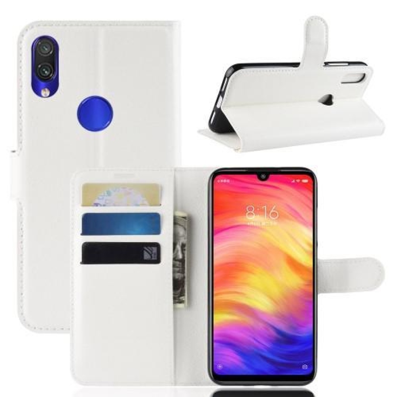 Állvány PU bőr pénztárca tok Xiaomi Redmi Note 7-hez - fehér