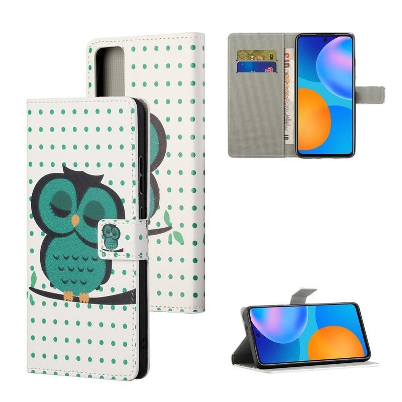 Állvány PU bőr pénztárca tok a Honor 10X Lite-hoz - zöld bagoly