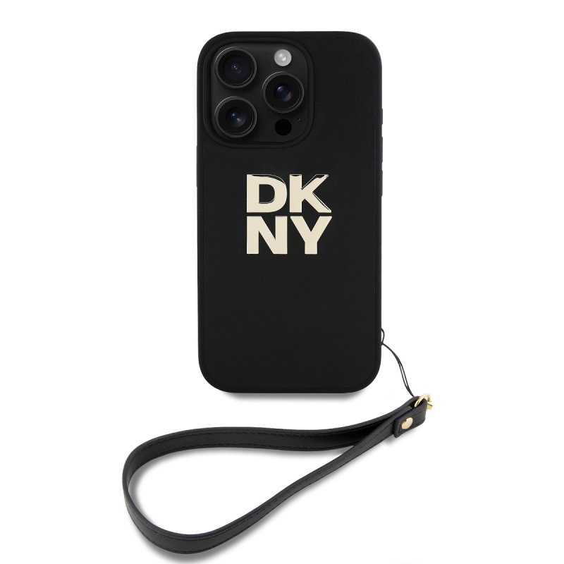 DKNY PU bőr Stack Logo csuklópánt hátlapi borító iPhone 16 Pro Max-hoz Fekete