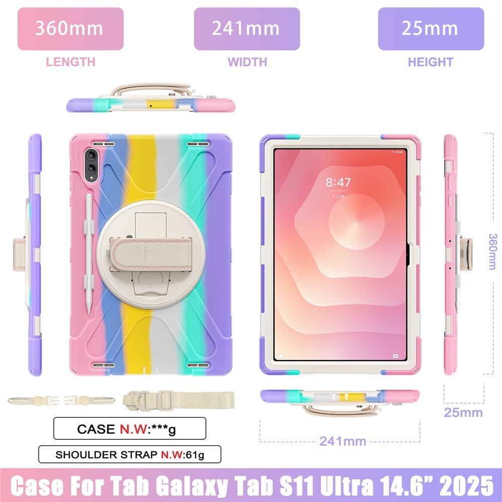 Strap strapabíró tok kézfogantyúval és vállpánttal a Samsung Galaxy Tab S12 Ultra/S11 Ultra készülékhez – színes csíkokkal