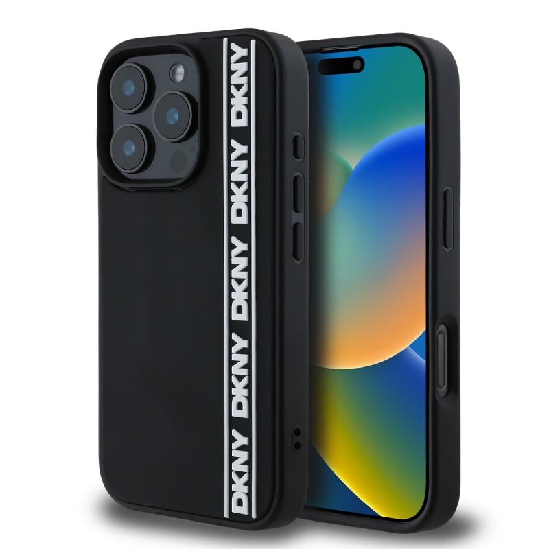 DKNY 3D gumiból készült ismételt logó vonalas hátlap iPhone 16 Pro Max készülékhez Fekete