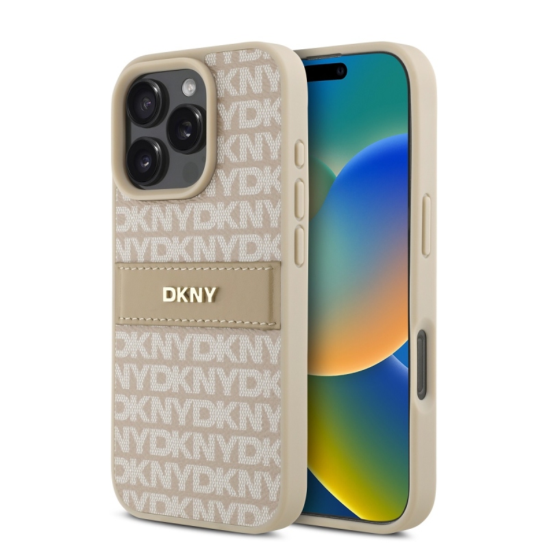 DKNY PU bőr ismétlődő mintás tonális csíkos hátlapi borító iPhone 16 Pro rózsaszínhez