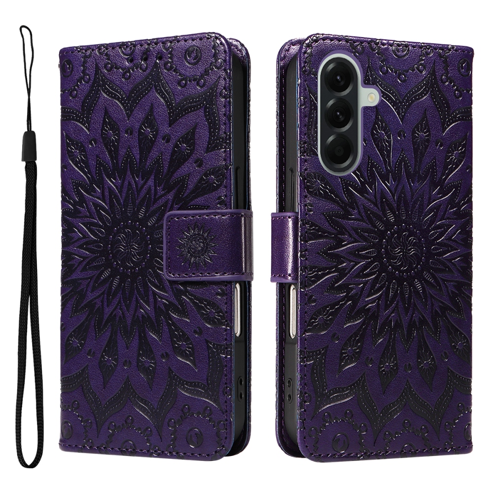 Napraforgó könyv tok Samsung Galaxy A57 5G-hez - sötét lila