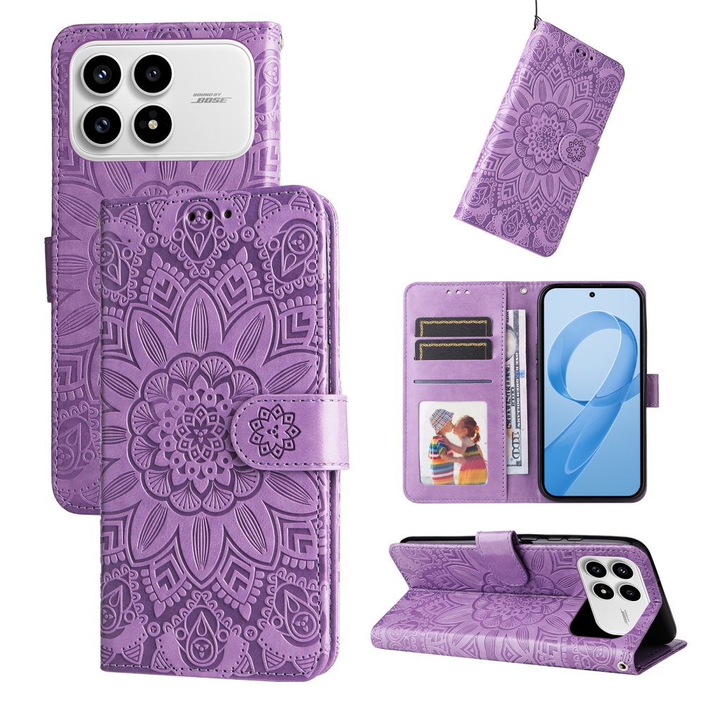 Napraforgó könyv tok a Xiaomi Poco F8 Pro 5G-hez - lila