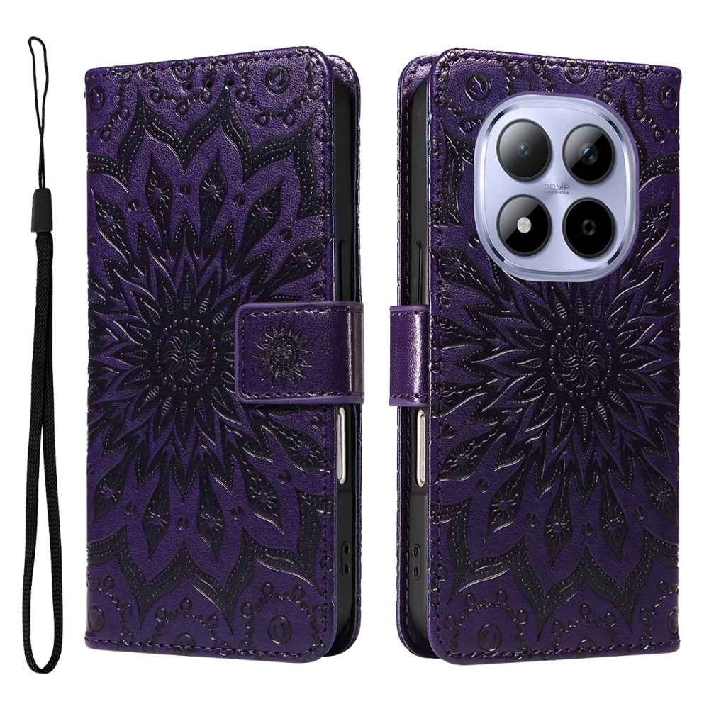 Napraforgó könyv tok Xiaomi Redmi Note 15 Pro 5G-hez - sötét lila