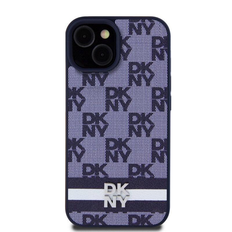 DKNY PU bőr kockás mintás és csíkos hátlapi borító iPhone 15 kékhez