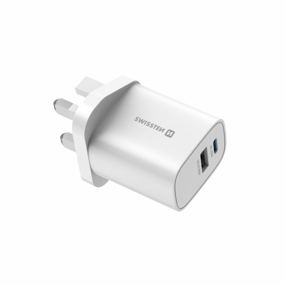Fehér Swissten EDGE GaN utazóadapter 1× USB-C PD 20 W + 1× USB-A 18 W QC, brit aljzathoz