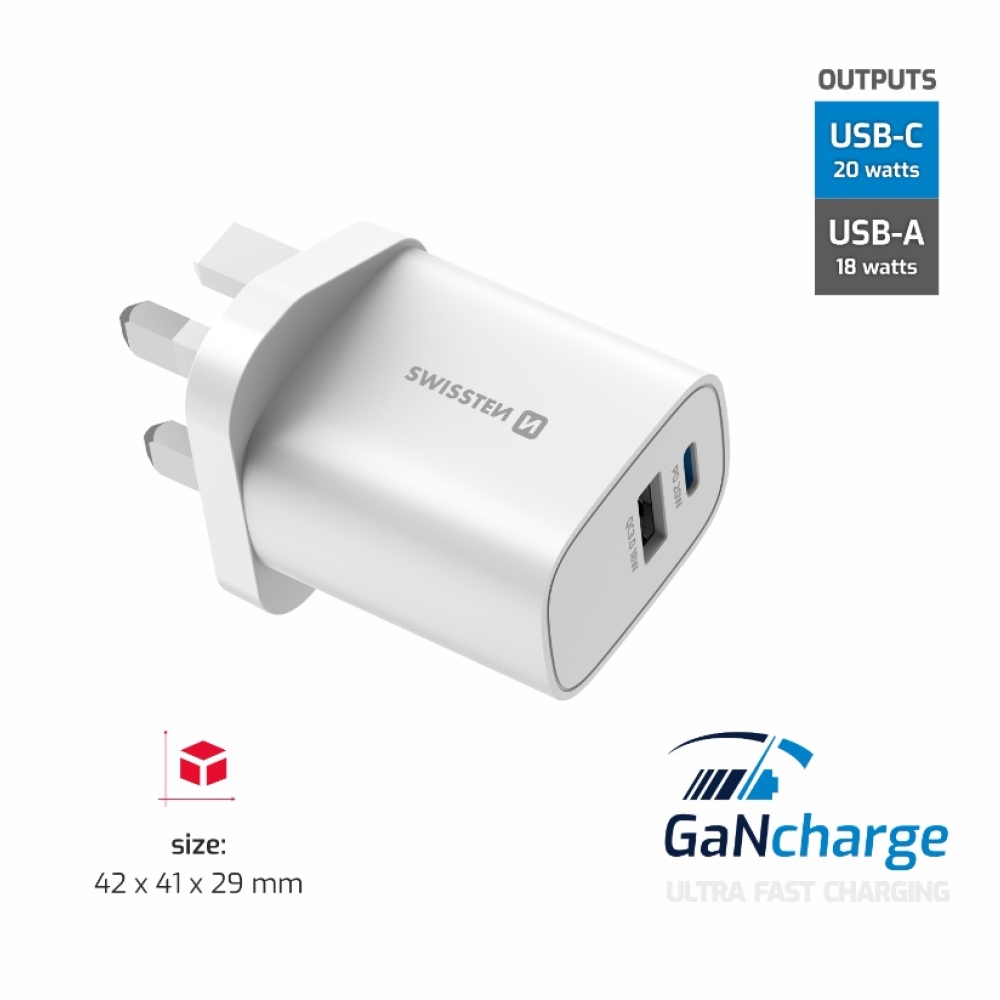 Fehér Swissten EDGE GaN utazóadapter 1× USB-C PD 20 W + 1× USB-A 18 W QC, brit aljzathoz