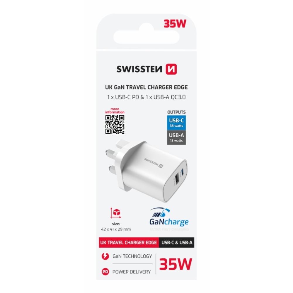 Fehér Swissten EDGE GaN utazóadapter 1× USB-C PD 35 W + 1× USB-A 18 W QC, brit aljzathoz