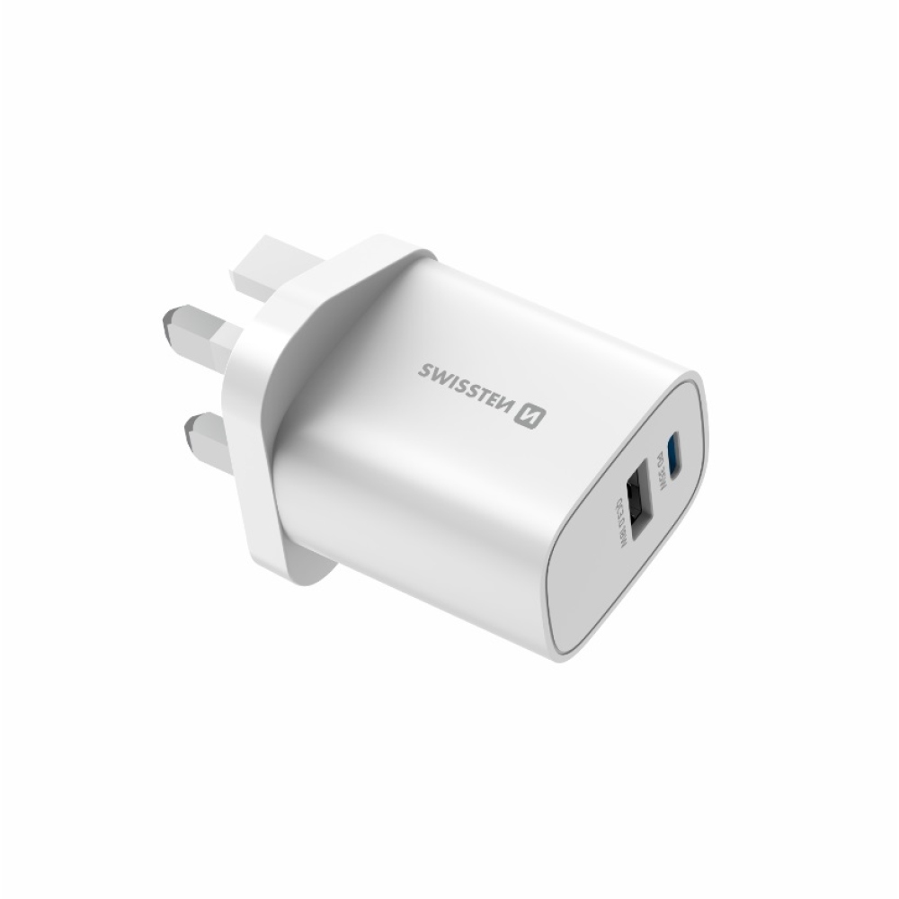 Fehér Swissten EDGE GaN utazóadapter 1× USB-C PD 35 W + 1× USB-A 18 W QC, brit aljzathoz