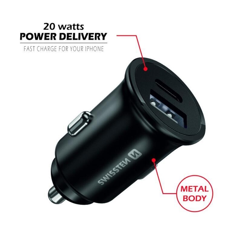 Swissten CL autós adapter iPhone-hoz 20W-os tápellátás - fekete