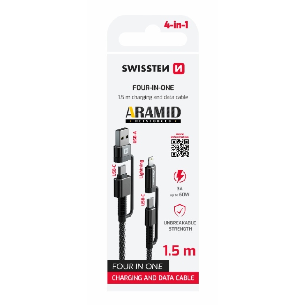 Swissten adatkábel aramid erősítésű 4in1 3A 1.5m - antracit