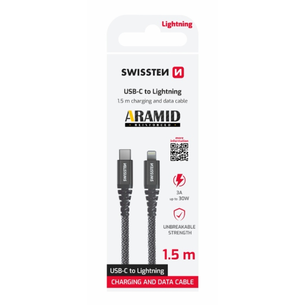Swissten adatkábel aramid erősítésű USB-C/Lightning 1,5 m - antracit