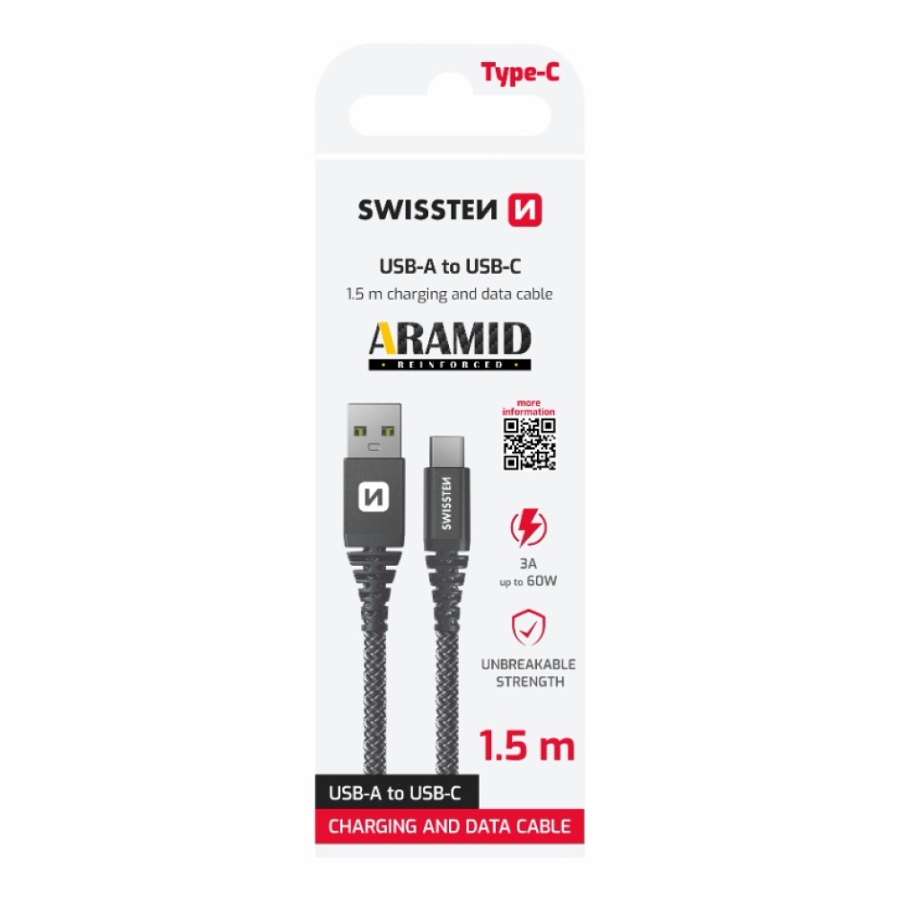 Swissten adatkábel aramid erősítésű USB/USB-C 1,5m - antracit