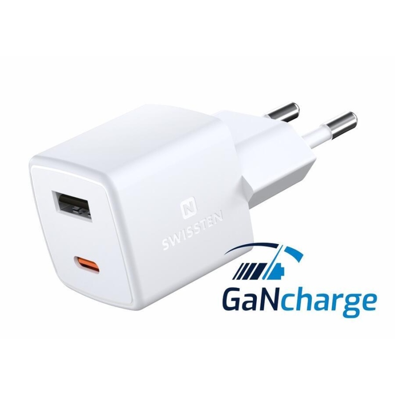 Swissten GaN mini hálózati adapter 1x USB-C + 1x USB 30W - fehér