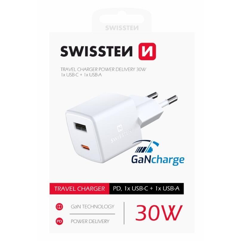 Swissten GaN mini hálózati adapter 1x USB-C + 1x USB 30W - fehér